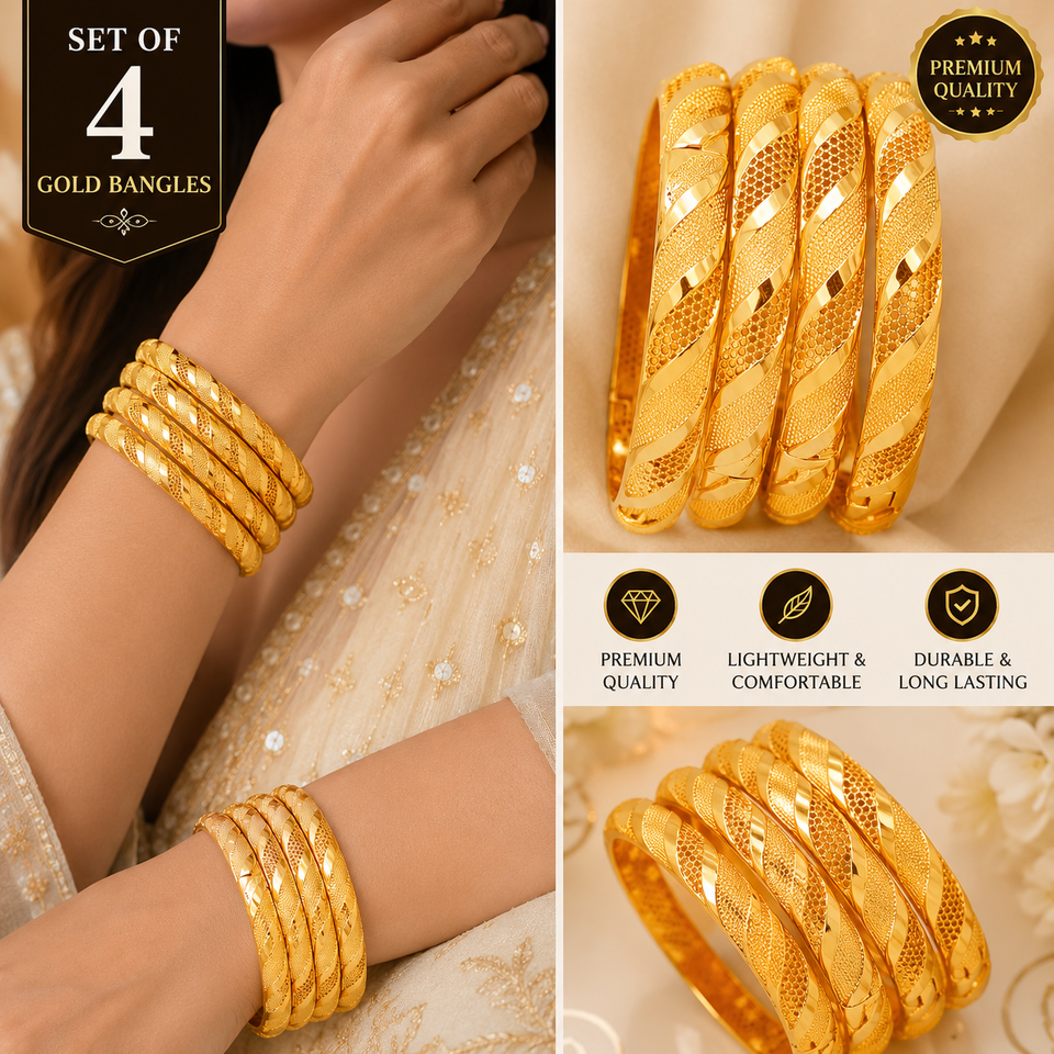 Set of 4 Elegant Golden-Tone Bangles - Stylish Open Cuff Design for Women💛